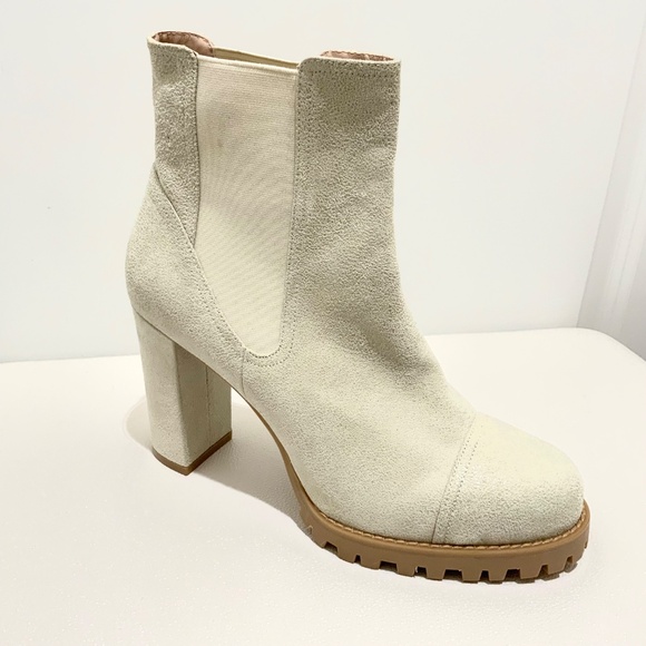 Stuart Weitzman Beige Leather Goring Lug Sole Wenda Almond Toe Block Heel Bootie - Picture 2 of 12